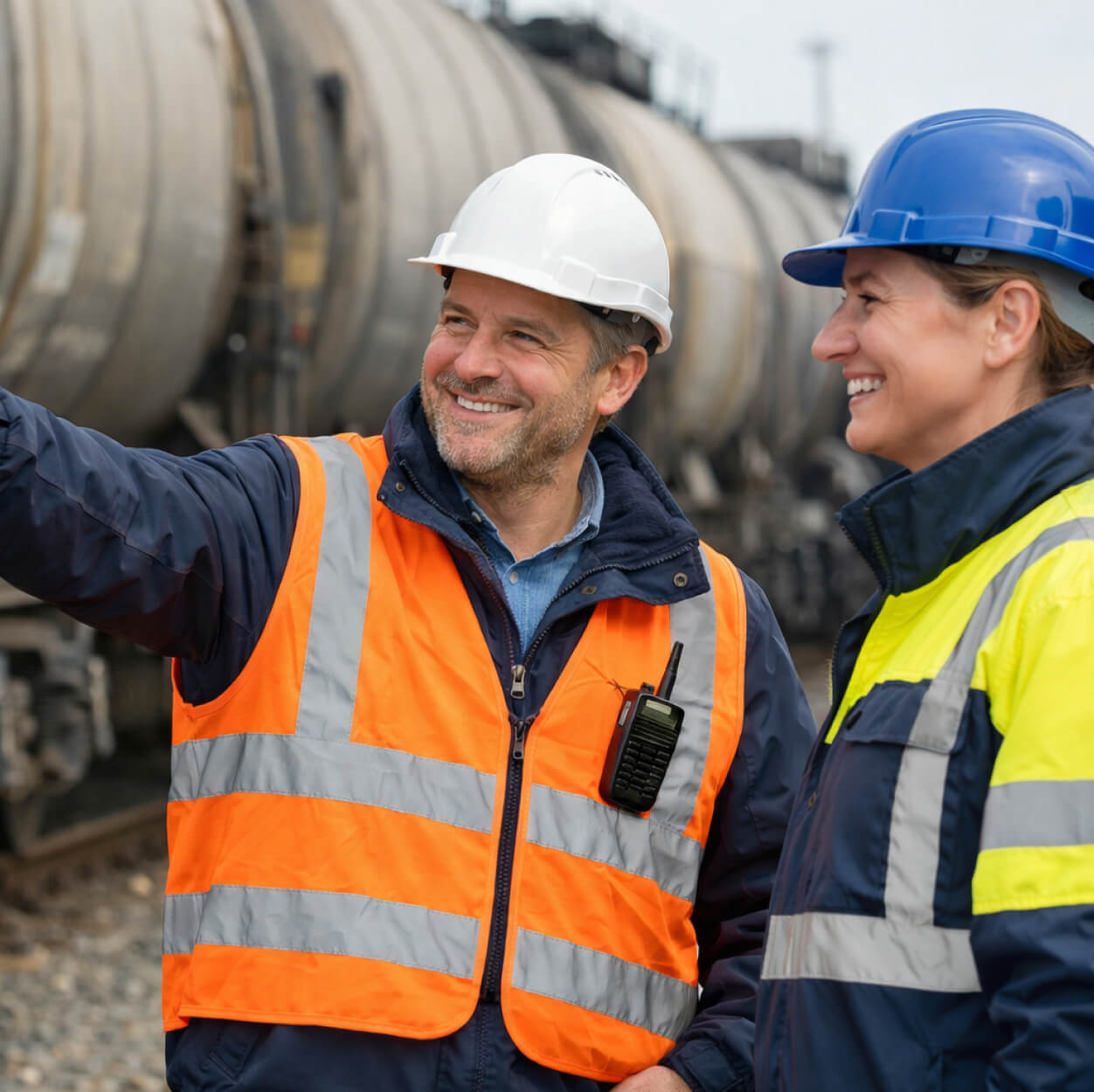 Deux techniciens en équipements de sécurité — casques et gilets haute visibilité — discutent devant des wagons-citernes.