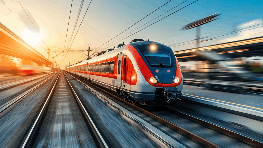 Un train à grande vitesse rouge et blanc file sur les rails à la gare, capturé avec un effet de vitesse au coucher du soleil.